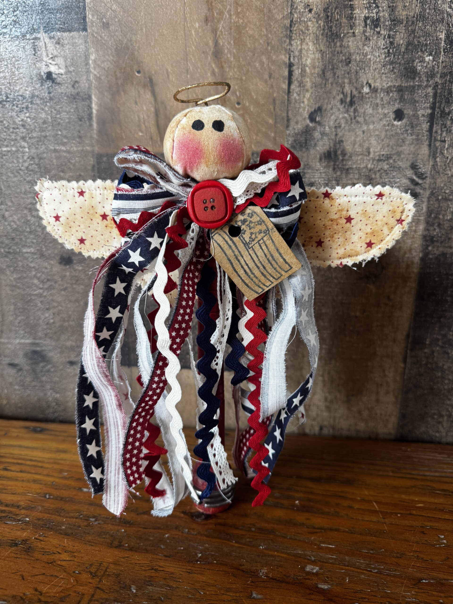 Patriotic Primitive Angel Vintage Bobbin Shelf Sitter - Image 2