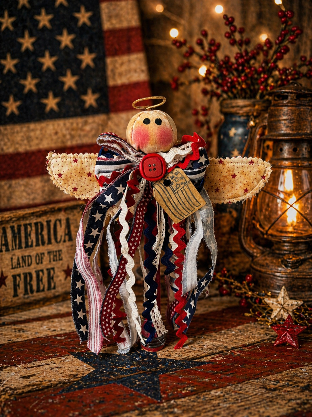 Patriotic Primitive Angel Vintage Bobbin Shelf Sitter